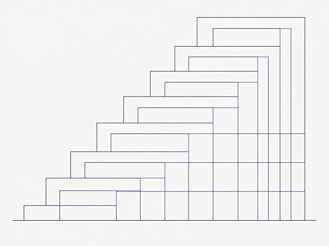 Abstract navy and violet line diagram of ascending nested rectangles